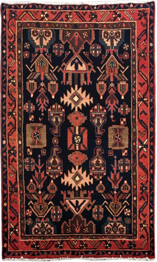 Handcrafted 3.7 x 5.1 Navy Blue Persian Hamadan Rug: Handcrafted 3.7 x 5.1 Navy Blue Persian Hamadan Rug Free continental US Shipping Enhance your living space with this exquisite 3.7 x 5.1 Navy Blue Persian Hamadan Rug, handcrafted by skilled Persian a