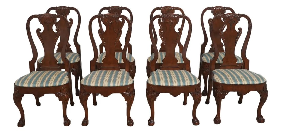Eight George III Chippendale Style Walnut Dining Chairs With Carved Ball and Claw Feet: Eight George III Chippendale Style Walnut Dining Chairs With Carved Ball and Claw Feet This set includes eight Baker dining room chairs crafted in the George III Chippendale style. Each chair features