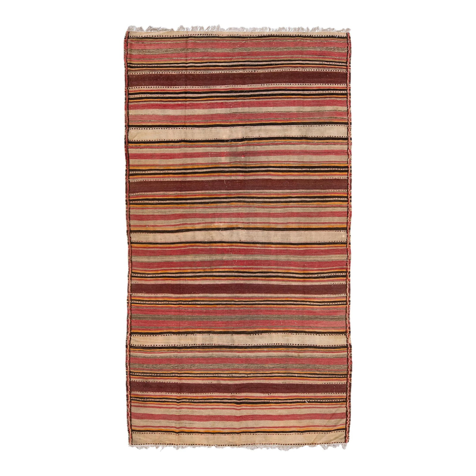 Vintage Turkish Kilim Beige Wool Rug 5'1 x 9'2 Geometric Stripes: Vintage Turkish Kilim Beige Wool Rug 5'1 x 9'2 Geometric Stripes This stunning vintage Turkish Kilim rug showcases exquisite craftsmanship with its hand-knotted wool construction. Featuring a soft bei