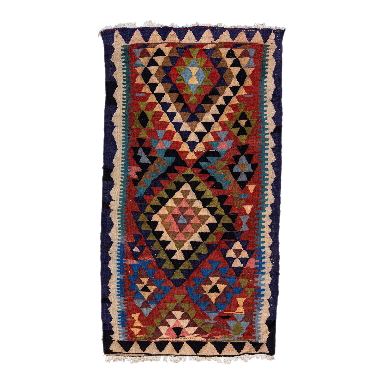 Vintage Turkish Kilim Handmade Wool Rug 4'7 x 8'3 Multicolor Tribal Design: Vintage Turkish Kilim Handmade Wool Rug 4'7 x 8'3 Multicolor Tribal Design Enhance your living space with this stunning vintage Turkish Kilim rug, expertly hand-knotted from premium wool. Featuring a 