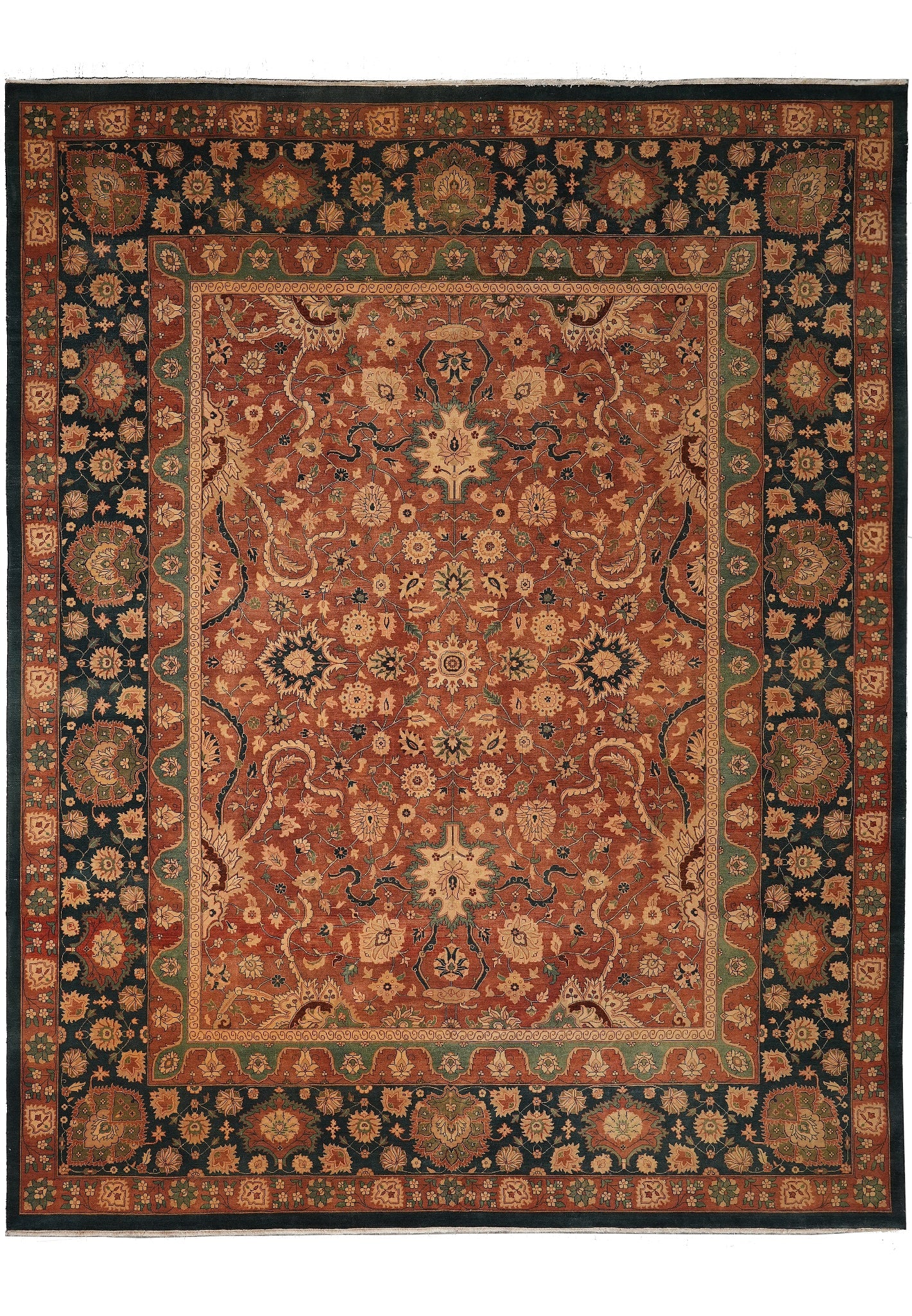 11.9 x 15 Hand-Knotted Agra Rug Natural Wool Coral Rust: 11.9 x 15 Hand-Knotted Agra Rug Natural Wool Coral Rust Free continental US Shipping This hand-knotted Agra rug is made from natural wool and features a classic botanical design in coral and rust tone