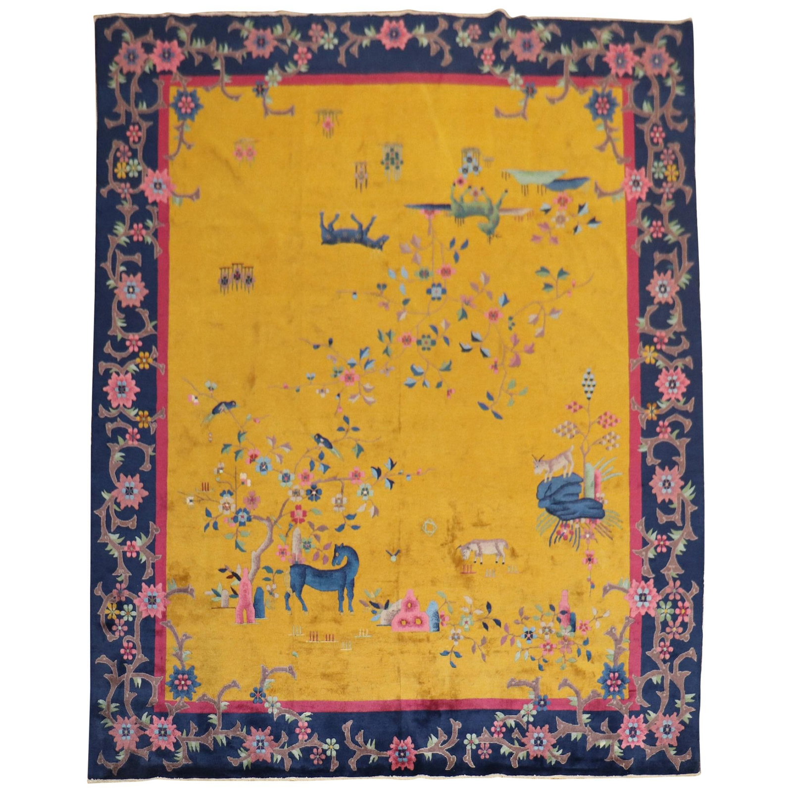 Chinese Art Deco Wool Rug with Pictorial Animal and Floral Motifs 94 x 116 in: Chinese Art Deco Wool Rug with Pictorial Animal and Floral Motifs 94 x 116 in This exquisite Chinese Art Deco rug features a striking pictorial animal design set against a vibrant goldenrod background