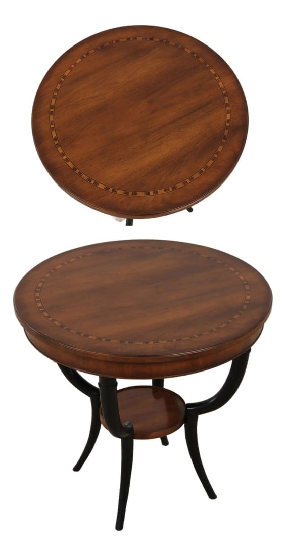 Baker Inlaid Brown Wood Round Lamp Table (1 of 10)