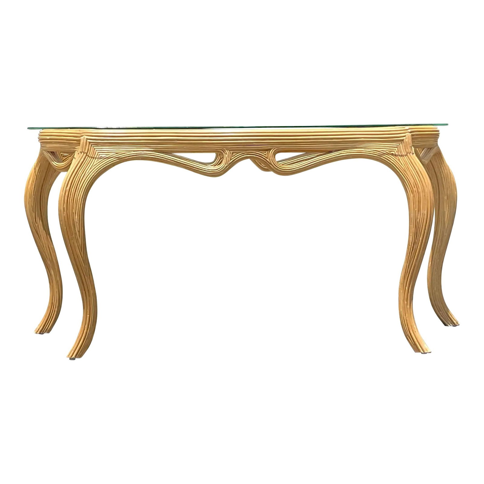 Vintage Coastal Pencil Reed Console Table American Crafted Ecru Design: Vintage Coastal Pencil Reed Console Table American Crafted Ecru Design Enhance your home with this Vintage Coastal Pencil Reed Console Table, an American-crafted piece that showcases a stunning pencil