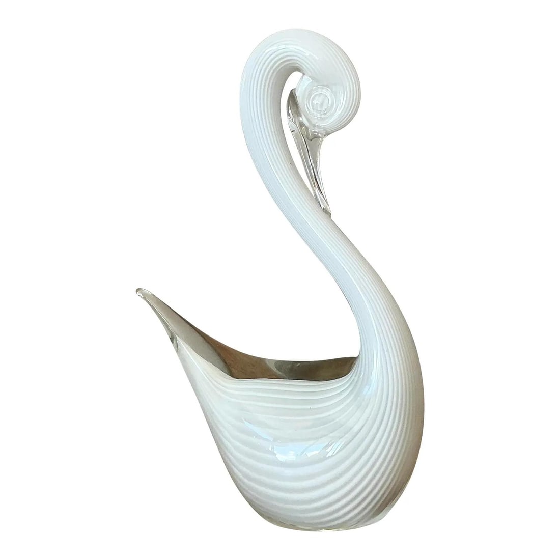 Opaline White Art Glass Swan Sculpture with Ribbed Detailing 12.75" Tall: Opaline White Art Glass Swan Sculpture with Ribbed Detailing 12.75" Tall This vintage Italian art glass sculpture elegantly depicts a swan with a gracefully arching neck and refined silhouette. Crafte