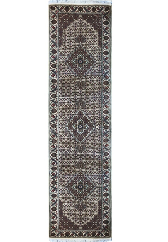 Luxurious 2.3' x 9' Hand-Knotted Wool and Silk Runner in Mahi Pattern: Luxurious 2.3' x 9' Hand-Knotted Wool and Silk Runner in Mahi Pattern Free continental US Shipping Introducing our exquisite 2' x 9' Wool and Silk Quality Narrow Runner, a perfect fusion of luxury and