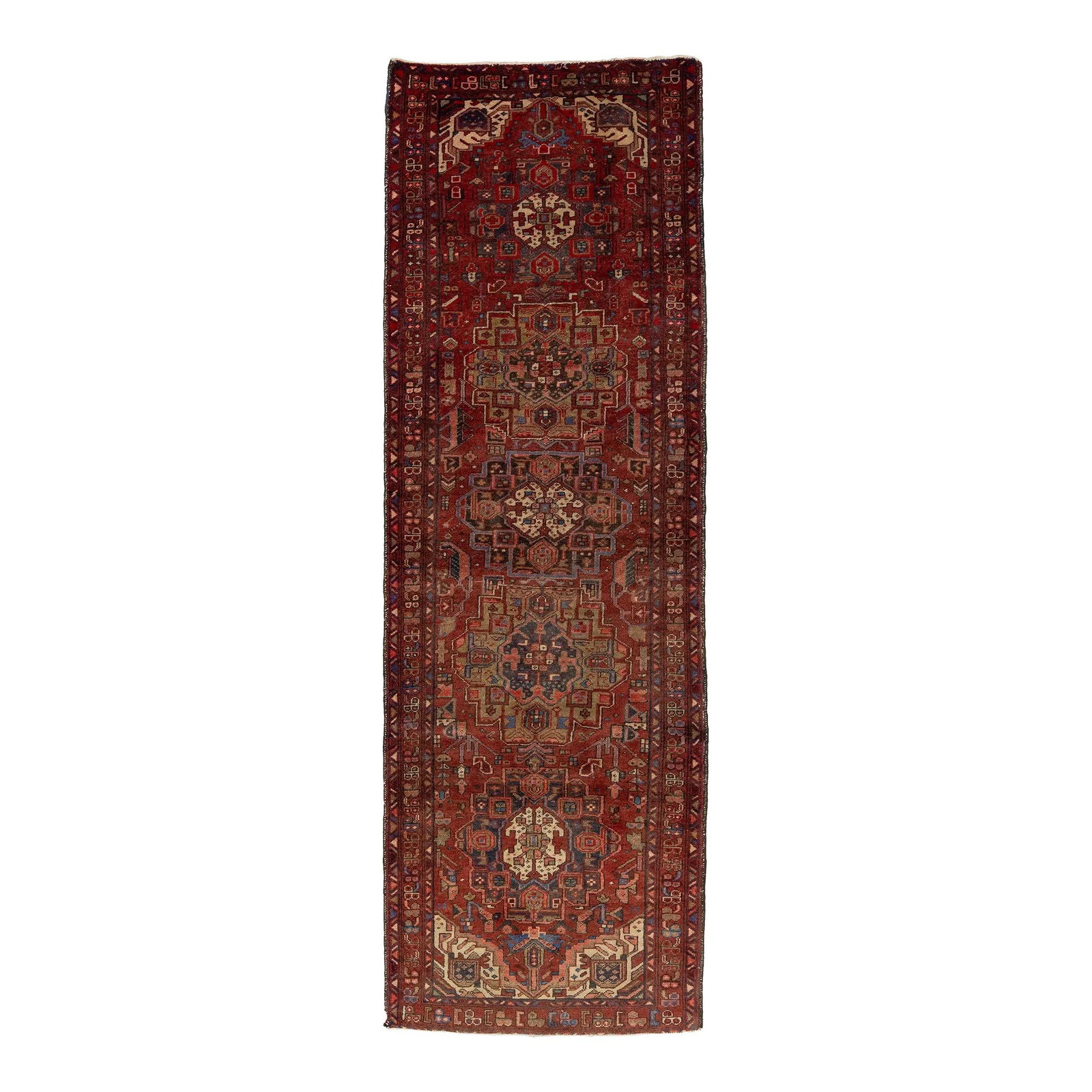 Vintage Red Persian Heriz Wool Runner 3'7 x 10'9 Medallion Design: Vintage Red Persian Heriz Wool Runner 3'7 x 10'9 Medallion Design This exquisite vintage handmade Persian Heriz runner features a striking red field adorned with a medallion motif and multicolor accen