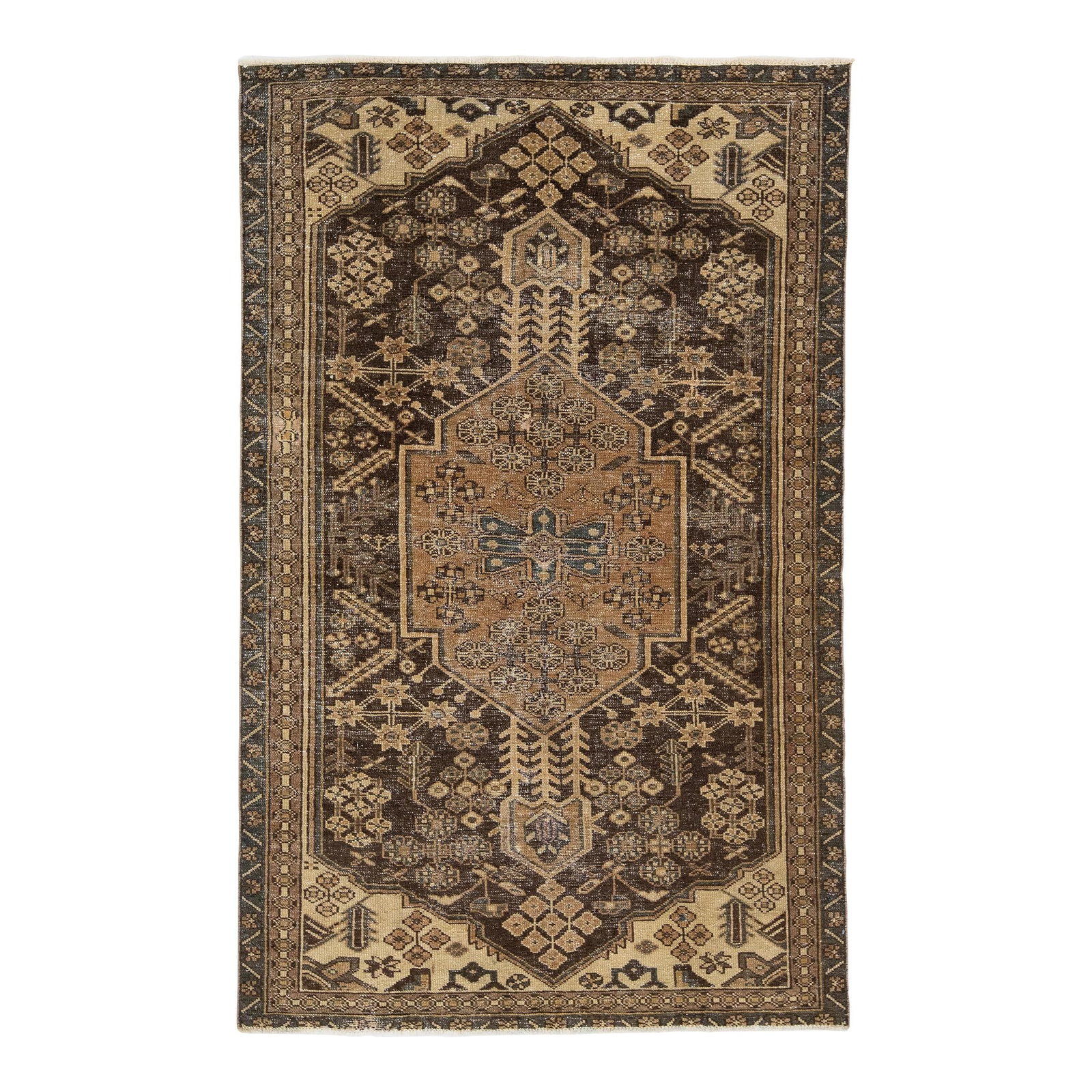 Vintage Handmade Brown Wool Rug 4'1 x 6'7 Allover Design: Vintage Handmade Brown Wool Rug 4'1 x 6'7 Allover Design Enhance your living space with this Vintage Handmade Distressed Hand-Knotted Wool Rug. Featuring a rich brownfield with beige accents and an el
