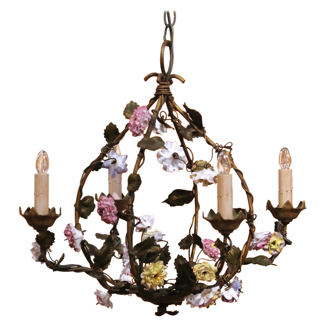 French floral tole chandelier with porcelain blossoms four-light (1 of 10)