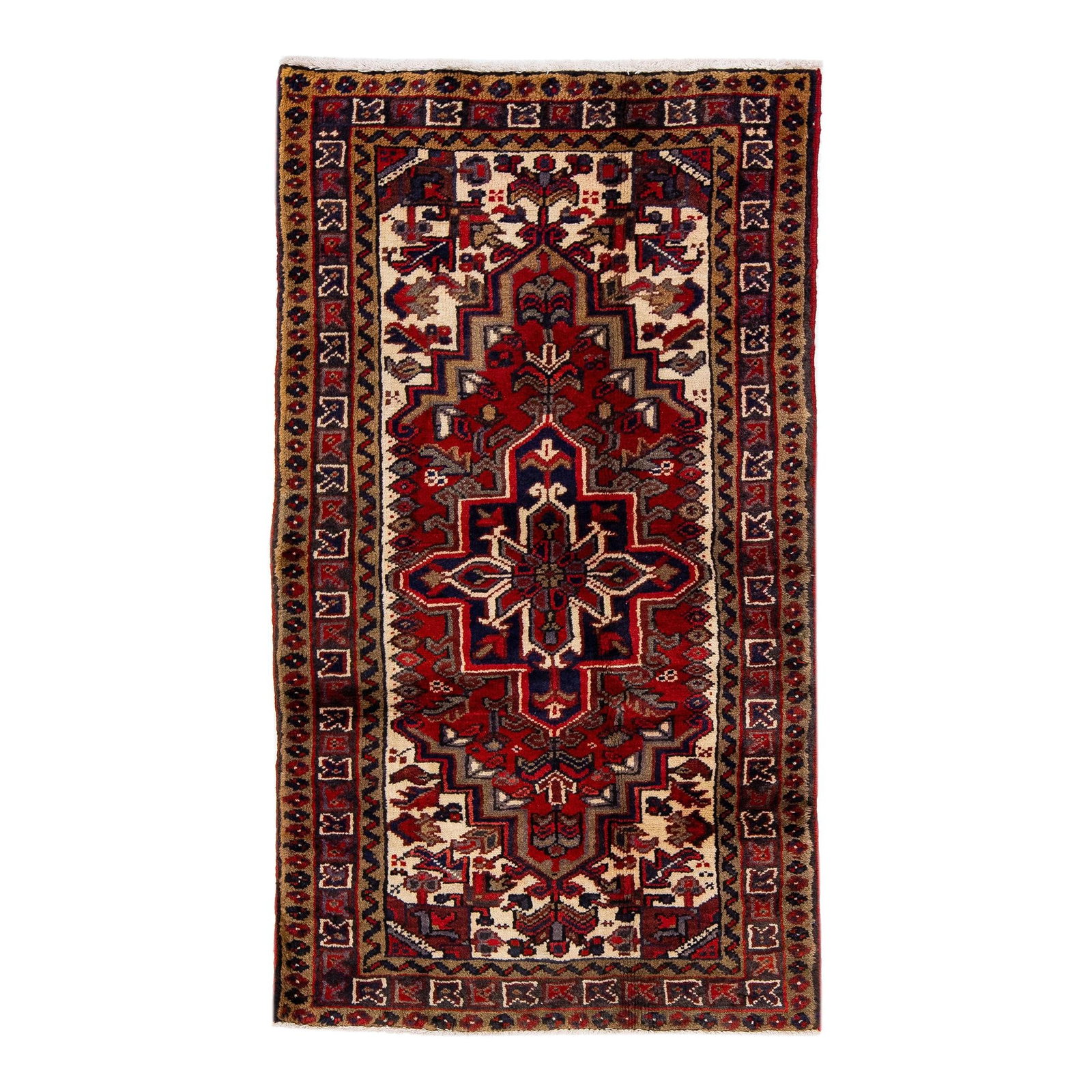 1960s Vintage Persian Heriz Hand-Knotted Wool Rug Red Medallion Design: 1960s Vintage Persian Heriz Hand-Knotted Wool Rug Red Medallion Design Enhance your space with this exquisite vintage Persian Heriz rug, meticulously hand-knotted from premium wool. Featuring a striki