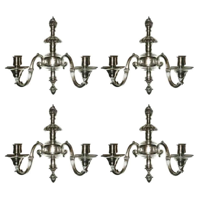 4 Silvered Bronze Regency Style Wall Sconces 2-Light: 4 Silvered Bronze Regency Style Wall Sconces 2-Light Set of four English Regency style silvered bronze two-light sconces (wall lights) from France, made in the 1940s. The pieces are in good condition 
