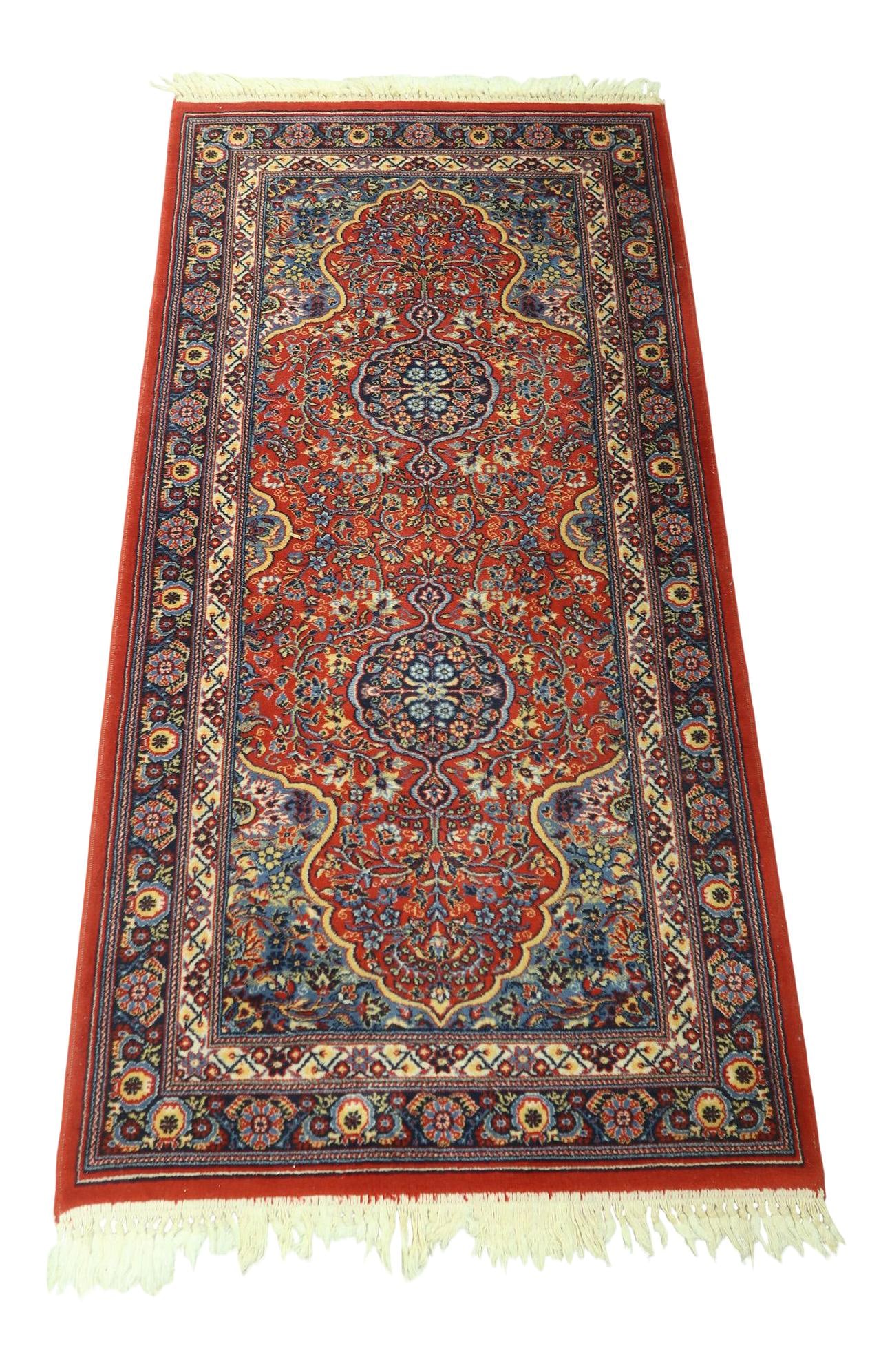 Vintage Sarouk Pattern 3x6 Wool Area Rug in Vibrant Red: Vintage Sarouk Pattern 3x6 Wool Area Rug in Vibrant Red Enhance your living space with this stunning Sarouk pattern area rug, approximately 50 years old and made from high-quality wool. This rug featu
