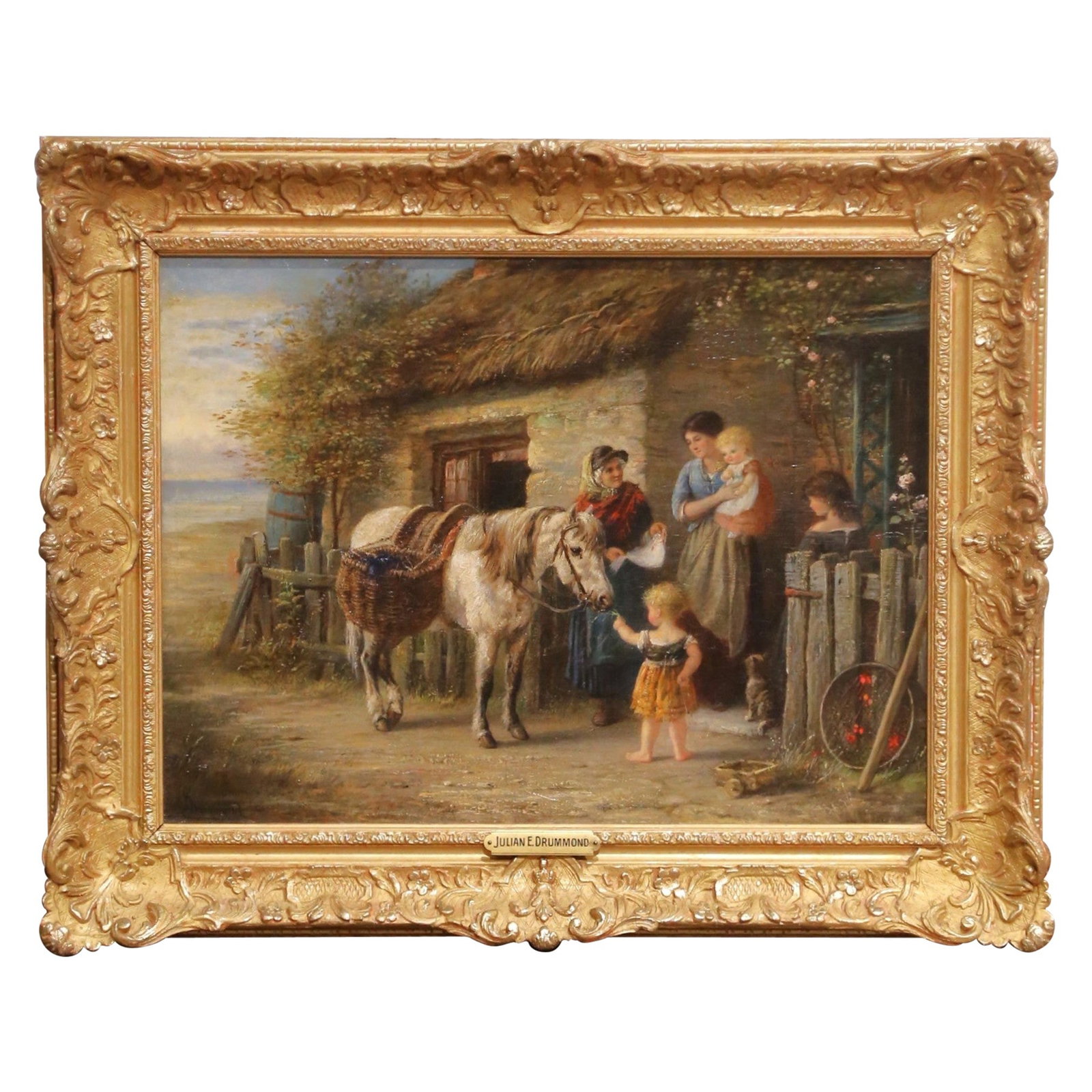 Julian E Drummond Oil Pastoral Scene England c1880 in Ornate Gilt Frame: Julian E Drummond Oil Pastoral Scene England c1880 in Ornate Gilt Frame This late 19th-century British pastoral oil painting by Julian E. Drummond captures a heartwarming rural scene with a young chil