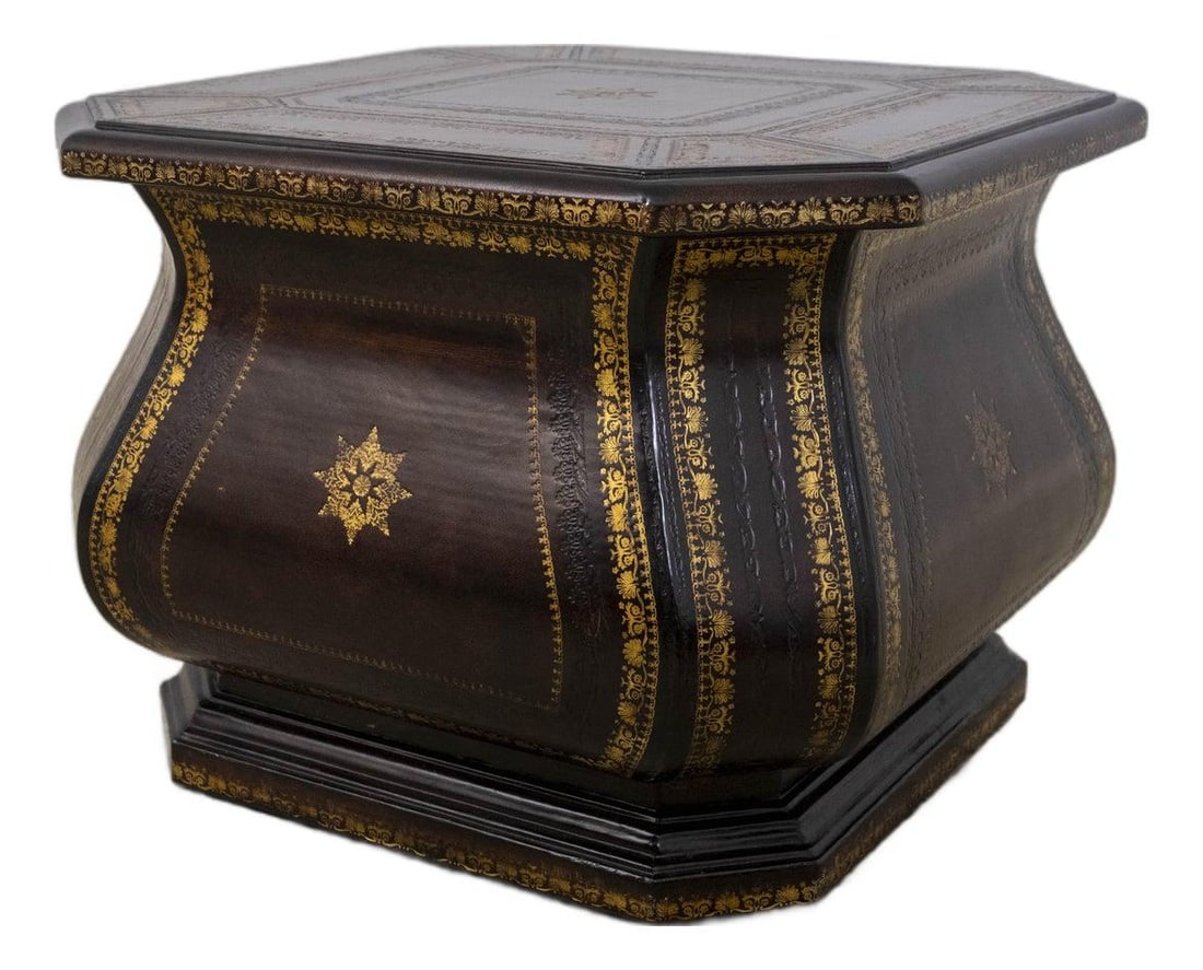 Hollywood Regency Leather Wrapped Gold Embossed Side Table (1 of 10)