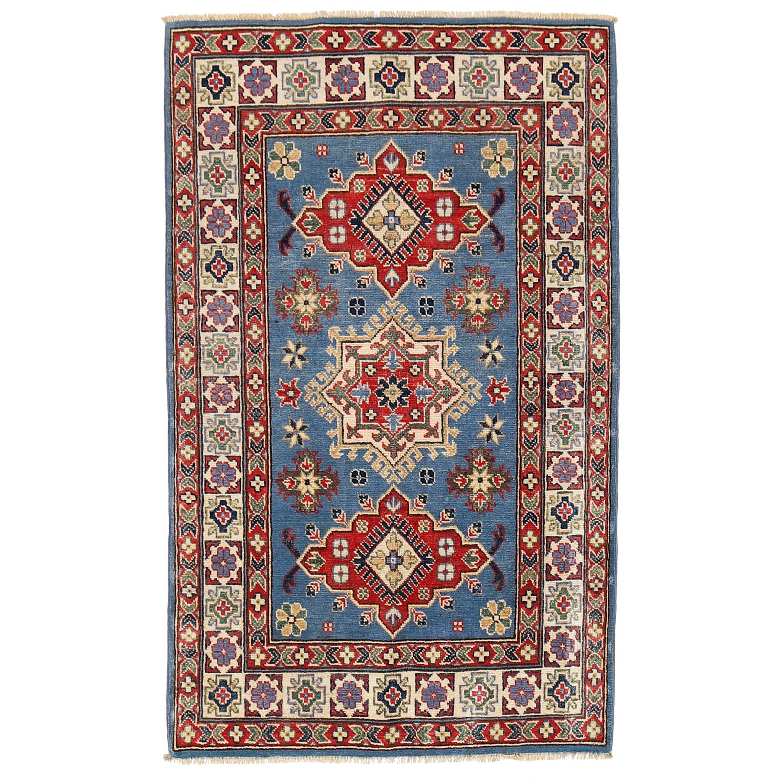 Handmade Blue Kazak Rug 3' x 5' Natural Wool Peshawar Artisans: Handmade Blue Kazak Rug 3' x 5' Natural Wool Peshawar Artisans Free continental US Shipping This exquisite handmade blue Kazak rug measures 3' x 5' and is crafted by Afghan refugees in the villages su