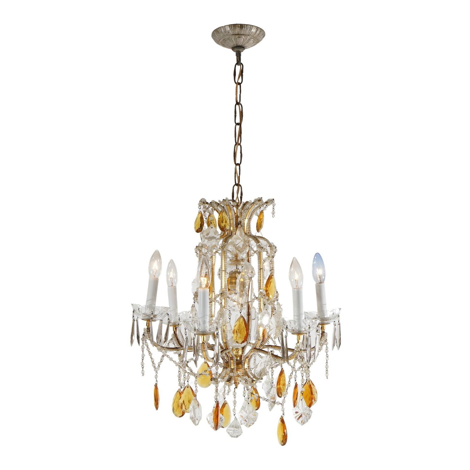 20th Century Louis XIV Style Seven-Light Chandelier with Amber Prisms: 20th Century Louis XIV Style Seven-Light Chandelier with Amber Prisms Illuminate your space with this exquisite French Louis XIV style chandelier, a stunning example from the 20th century. This seven-
