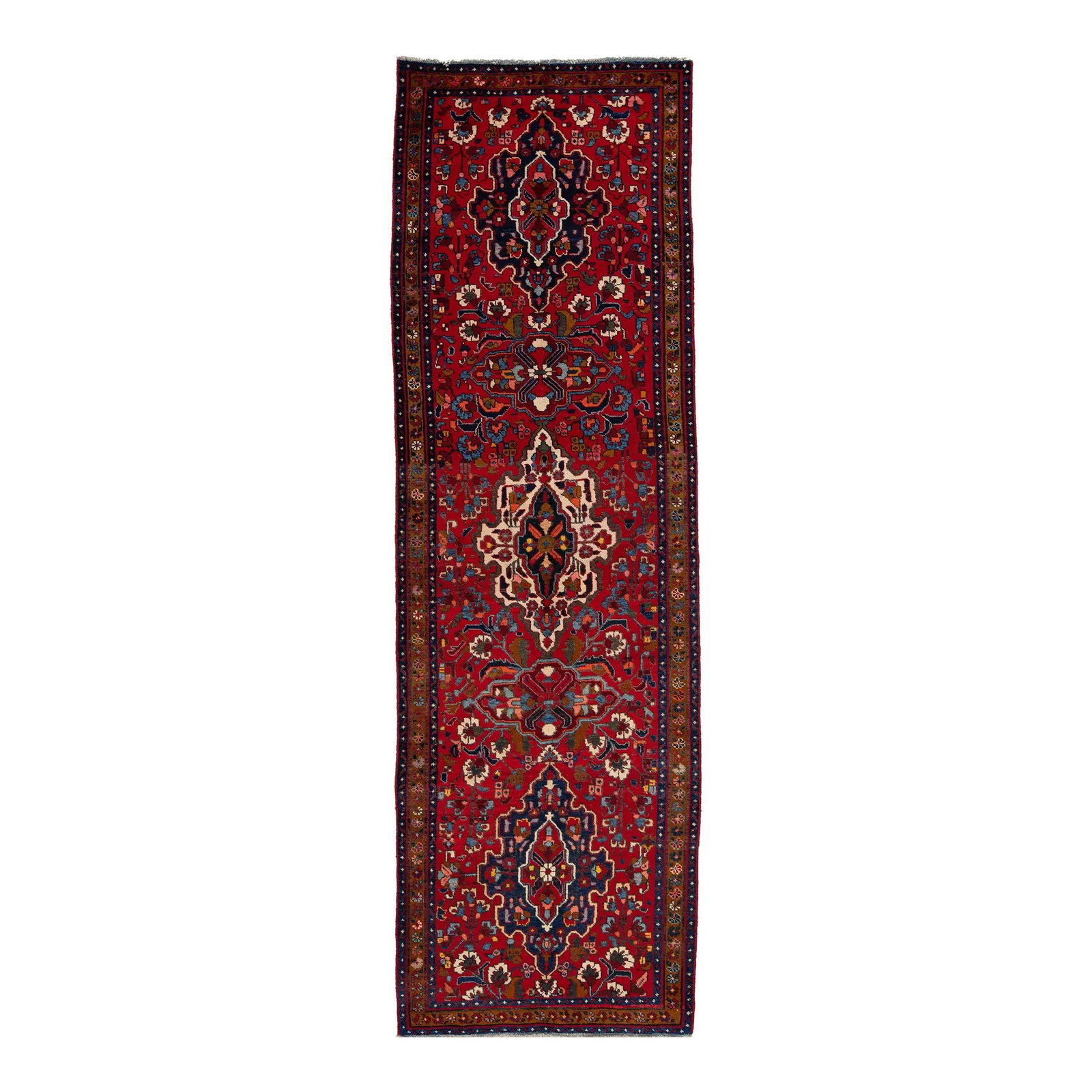Vintage Persian Heriz Floral Wool Runner 3'5 x 10'11 Red: Vintage Persian Heriz Floral Wool Runner 3'5 x 10'11 Red Enhance your space with this stunning vintage hand-knotted Persian Heriz wool runner. Adorned with a vibrant red field and intricate multicolor