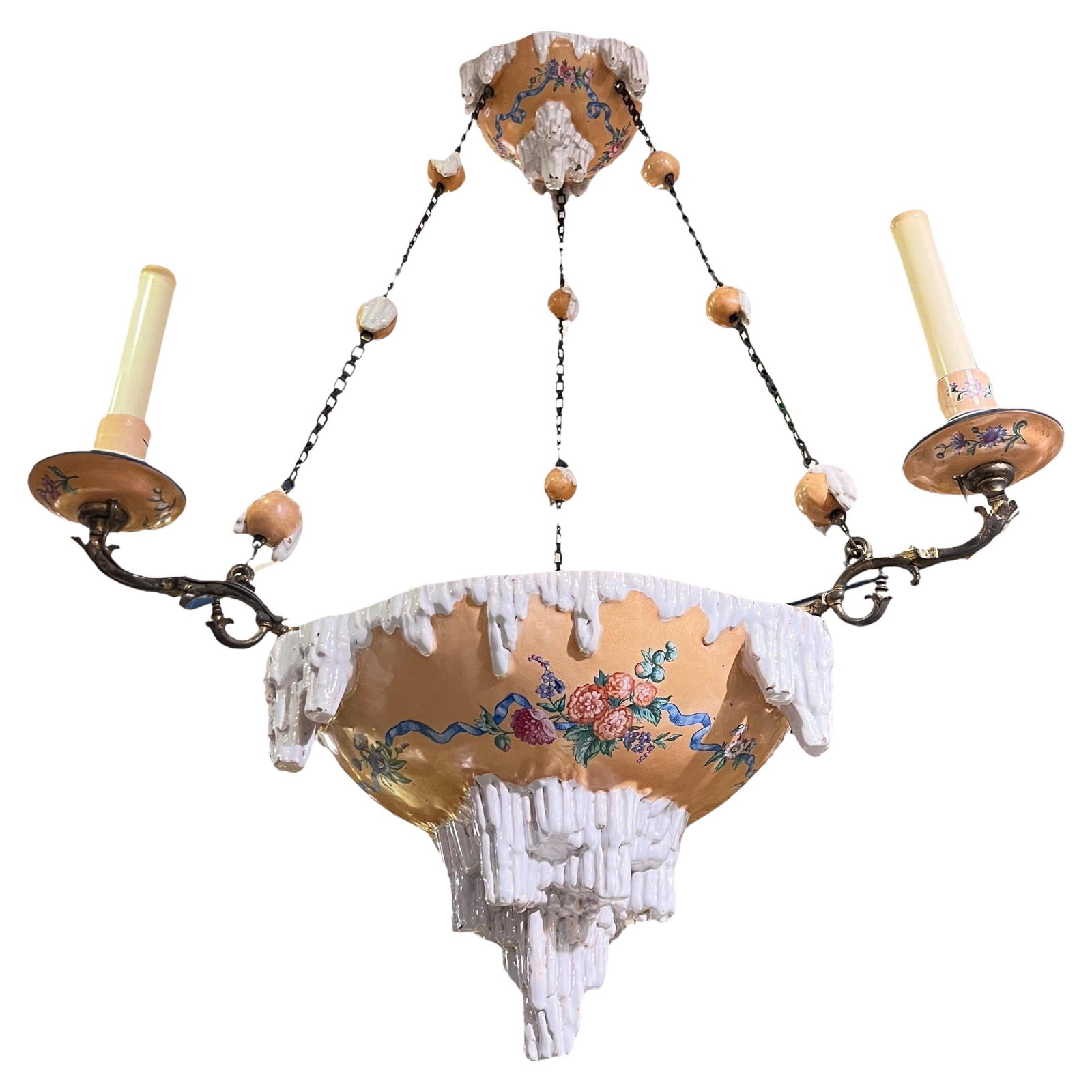 Galle Nancy faience ceramic chandelier with bronze candle arms (1 of 8)