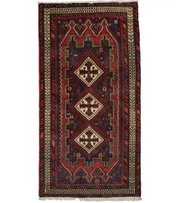 Hand Knotted Wool Runner Tribal Vintage Geometric 2'10 x 5'8: Hand Knotted Wool Runner Tribal Vintage Geometric 2'10 x 5'8 This handmade vintage Oriental rug features a tribal geometric design in rich red, cream, navy blue, teal, and orange tones. Expertly hand-