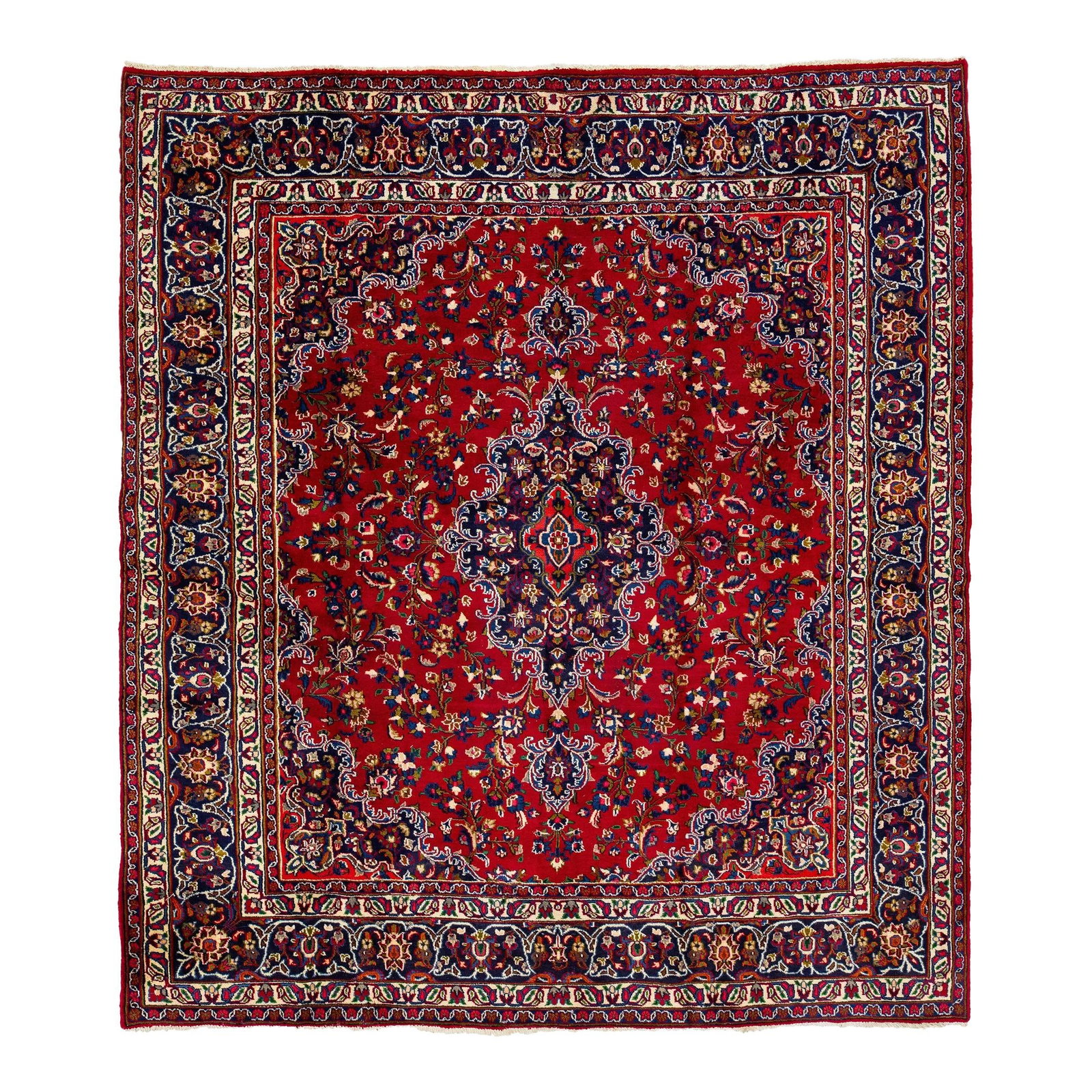 1950s Handmade Bakhtiari Wool Rug Red Multicolor Medallion 8'1 x 9'2: 1950s Handmade Bakhtiari Wool Rug Red Multicolor Medallion 8'1 x 9'2 Experience the timeless beauty of this 1950s Vintage Medallion Bakhtiari Handmade Wool Rug. Featuring a striking red field adorned 