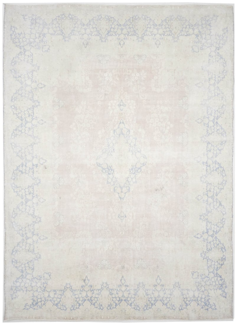 Hand-Knotted Wool Area Rug 9'7 x 13' Floral Vintage Southern Asia Carpet: Hand-Knotted Wool Area Rug 9'7 x 13' Floral Vintage Southern Asia Carpet This vintage handmade Oriental rug features a distressed floral pattern in muted tones of peach, navy, beige, brown, and cream.