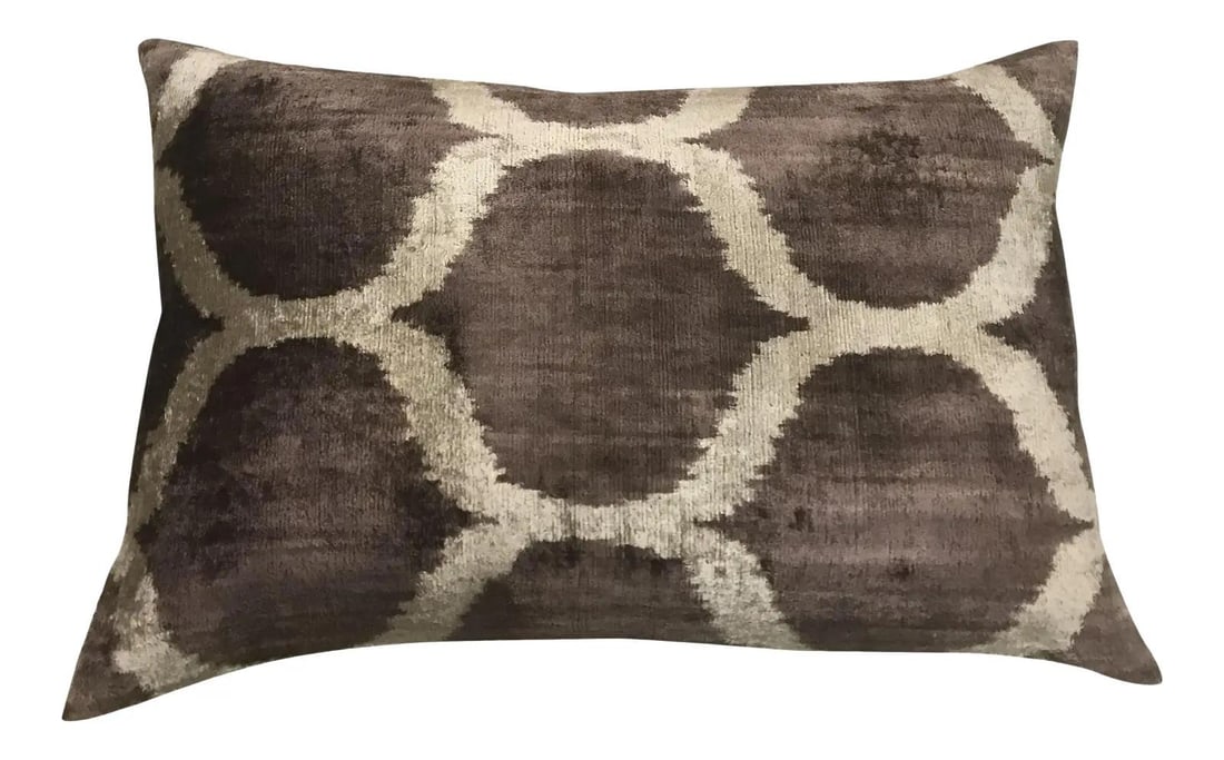 Uzbek Ikat Velvet Silk Pillow Coffee Color 16x24 Handmade with Linen Back: Uzbek Ikat Velvet Silk Pillow Coffee Color 16x24 Handmade with Linen Back This hand made pillow cushion features a Silk Uzbek Ikat velvet front with a natural linen backing and a hidden zipper for a s