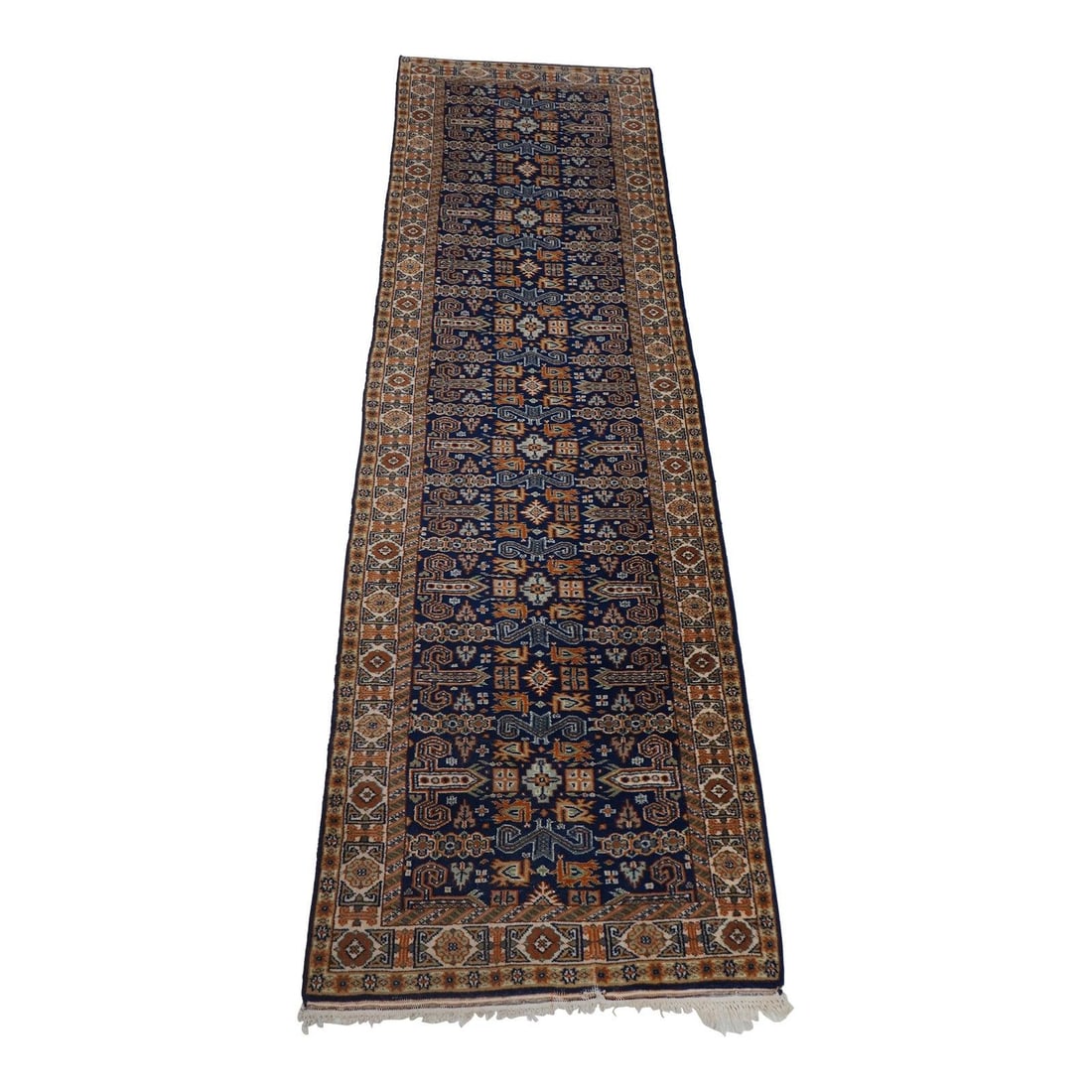 Vintage 1910-1920 Hand Knotted Wool Geometric Runner Rug 3x9 Blue: Vintage 1910-1920 Hand Knotted Wool Geometric Runner Rug 3x9 Blue Experience the charm of the early 20th century with this vintage geometric pattern Oriental runner rug, dating back to approximately 1