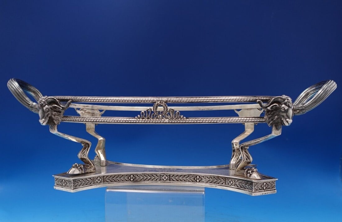 Antique German .800 Silver Centerpiece with Ram Heads 7.25 x 17: Antique German .800 Silver Centerpiece with Ram Heads 7.25 x 17 This exquisite German .800 silver centerpiece, dating from the late 19th century (circa 1890), showcases intricate details including ram