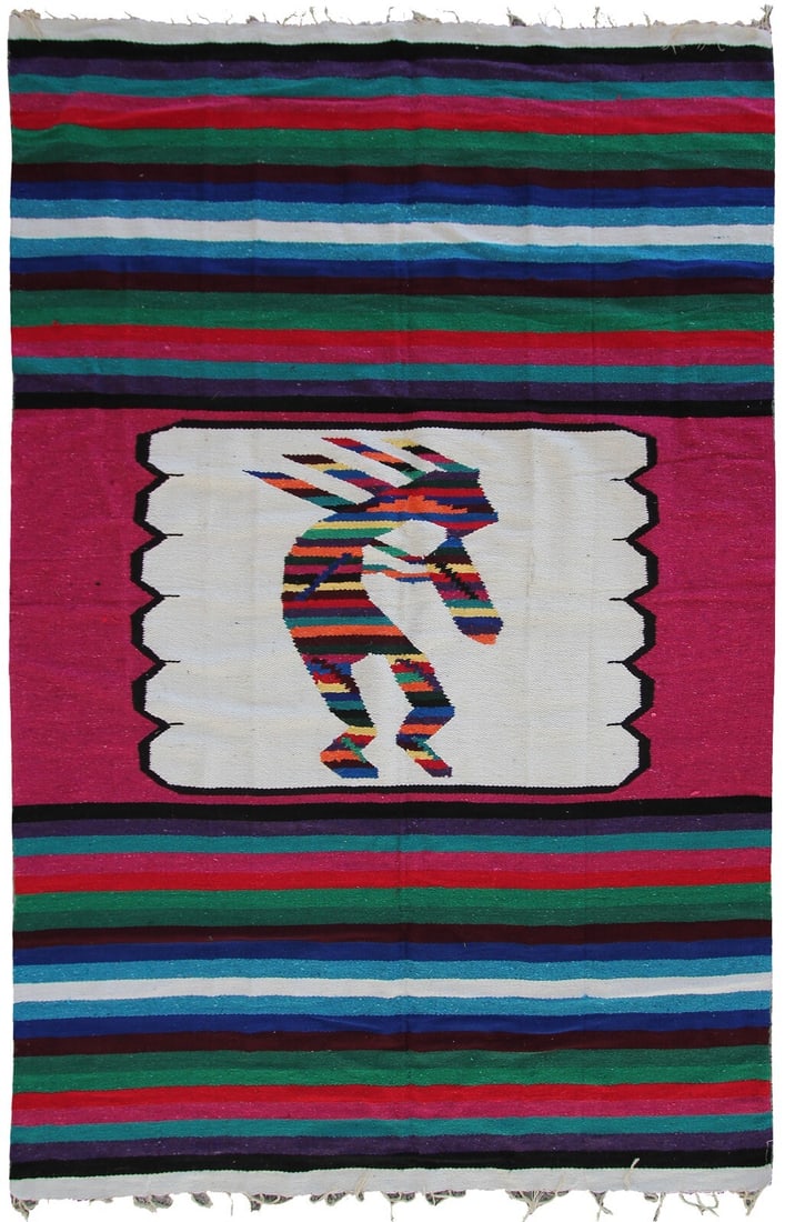 Mexican Flatwoven Wool Horse Area Rug 4x7 Geometric Vintage: Mexican Flatwoven Wool Horse Area Rug 4x7 Geometric Vintage This vintage handwoven area rug features a striking geometric horse design inspired by Mexican and Native American artistry. Crafted from 10
