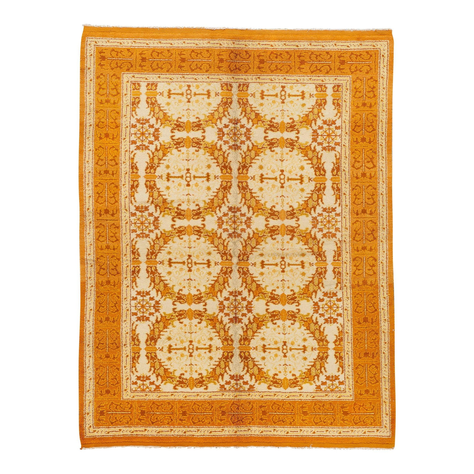 1960s Vintage Spanish Handmade Wool Rug Geometric Design: 1960s Vintage Spanish Handmade Wool Rug Geometric Design Enhance your living space with this stunning vintage Spanish hand-knotted wool rug, featuring a striking ivory field adorned with a vibrant ora