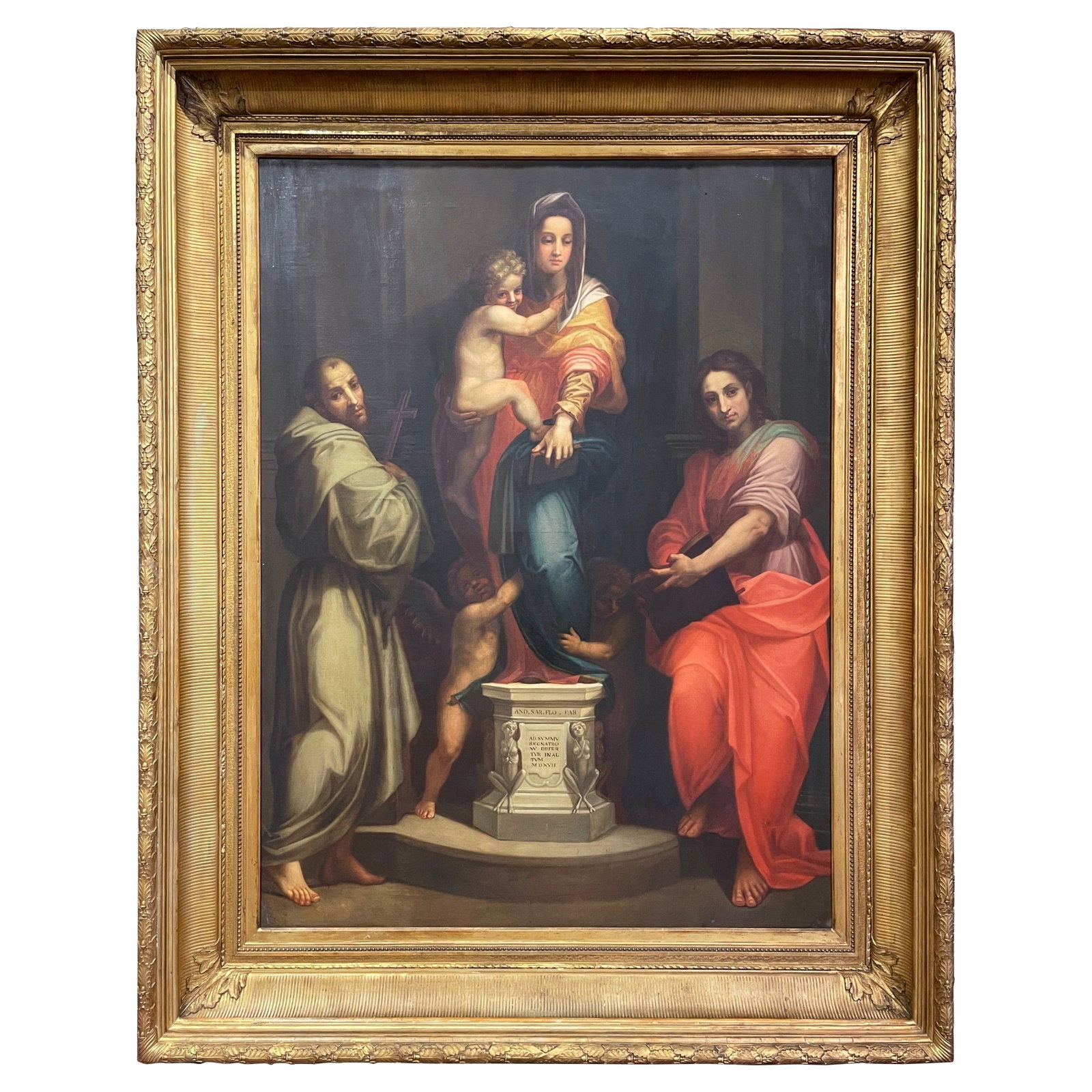 19th Century Neoclassical Oil Painting Madonna of the Harpies After Andrea Del Sarto: 19th Century Neoclassical Oil Painting Madonna of the Harpies After Andrea Del Sarto Discover a stunning 19th-century religious oil painting titled "Madonna of the Harpies", an exquisite representatio