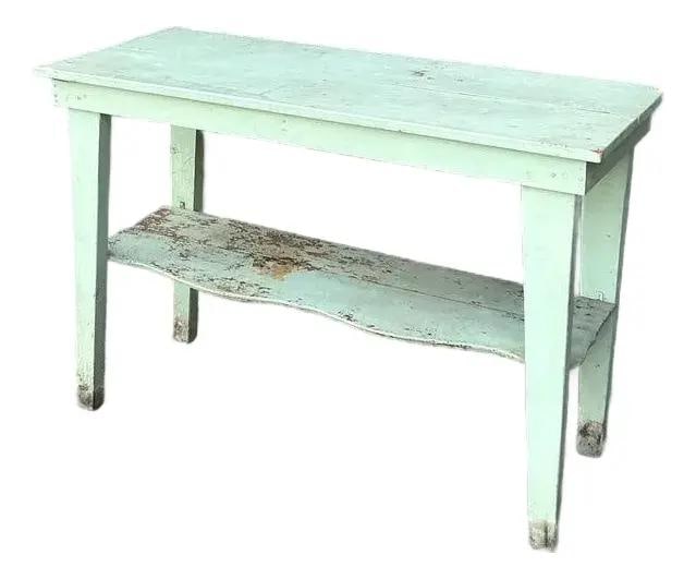 48 Inch Rustic Solid Wood Console Table With Distressed Mint Finish: 48 Inch Rustic Solid Wood Console Table With Distressed Mint Finish This vintage boho primitive console table features a solid wood plank construction with clean square legs and a functional lower she