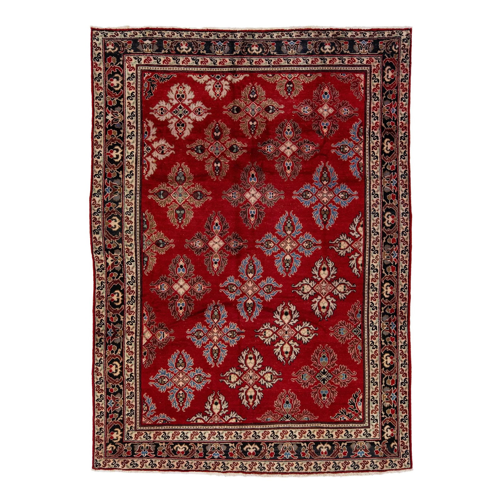 Vintage Handmade Red Persian Wool Rug Kashan 6'9" x 9'5": Vintage Handmade Red Persian Wool Rug Kashan 6'9" x 9'5" Enhance your space with this stunning vintage Handmade Red Persian Wool Rug. Featuring a vibrant red field adorned with multicolor accents, thi