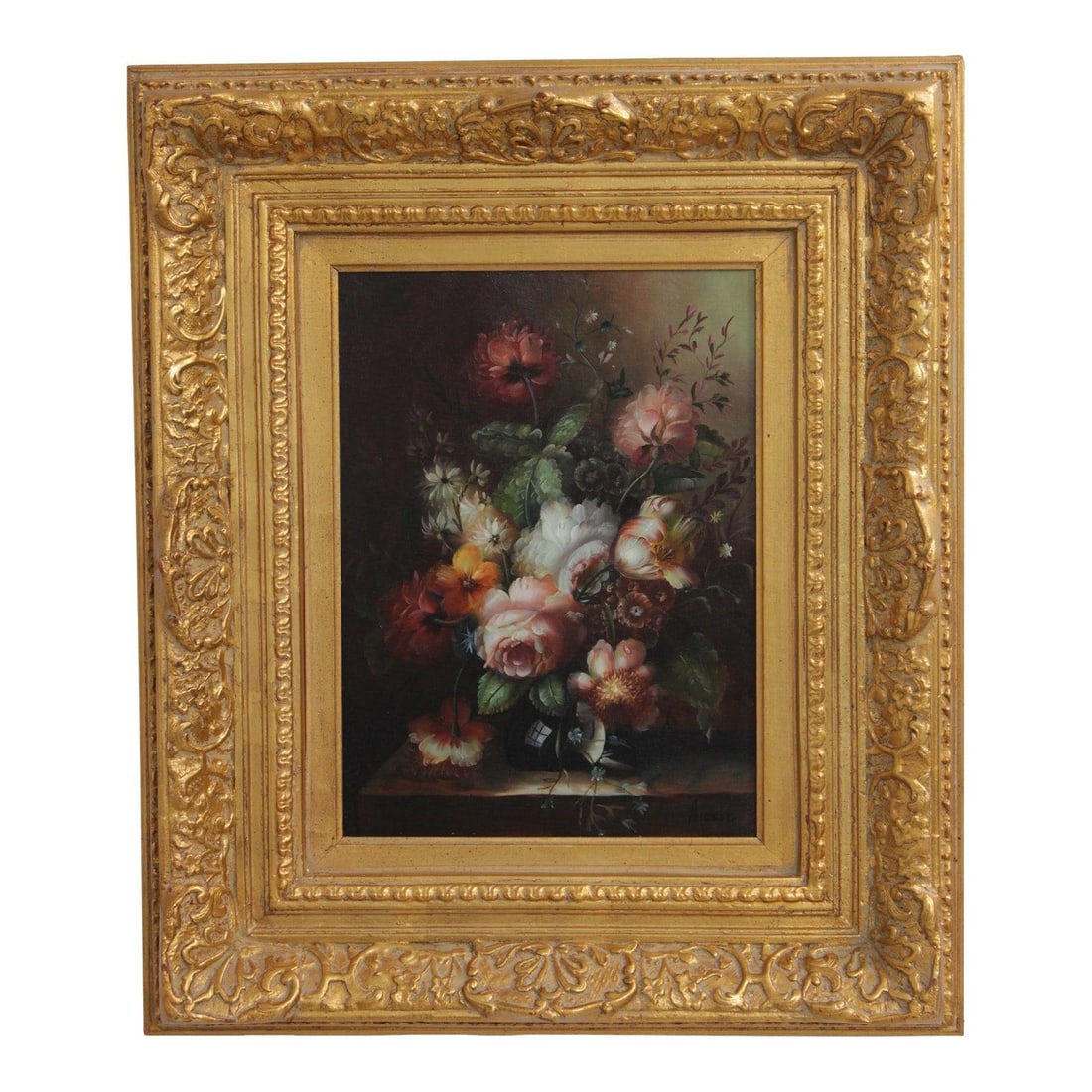 Signed Still Life Oil Painting in Ornate Gold Frame: Signed Still Life Oil Painting in Ornate Gold Frame This framed still life artwork is an artist-signed, hand-painted oil on canvas featuring bright and vibrant colors. The piece is set in an ornate go