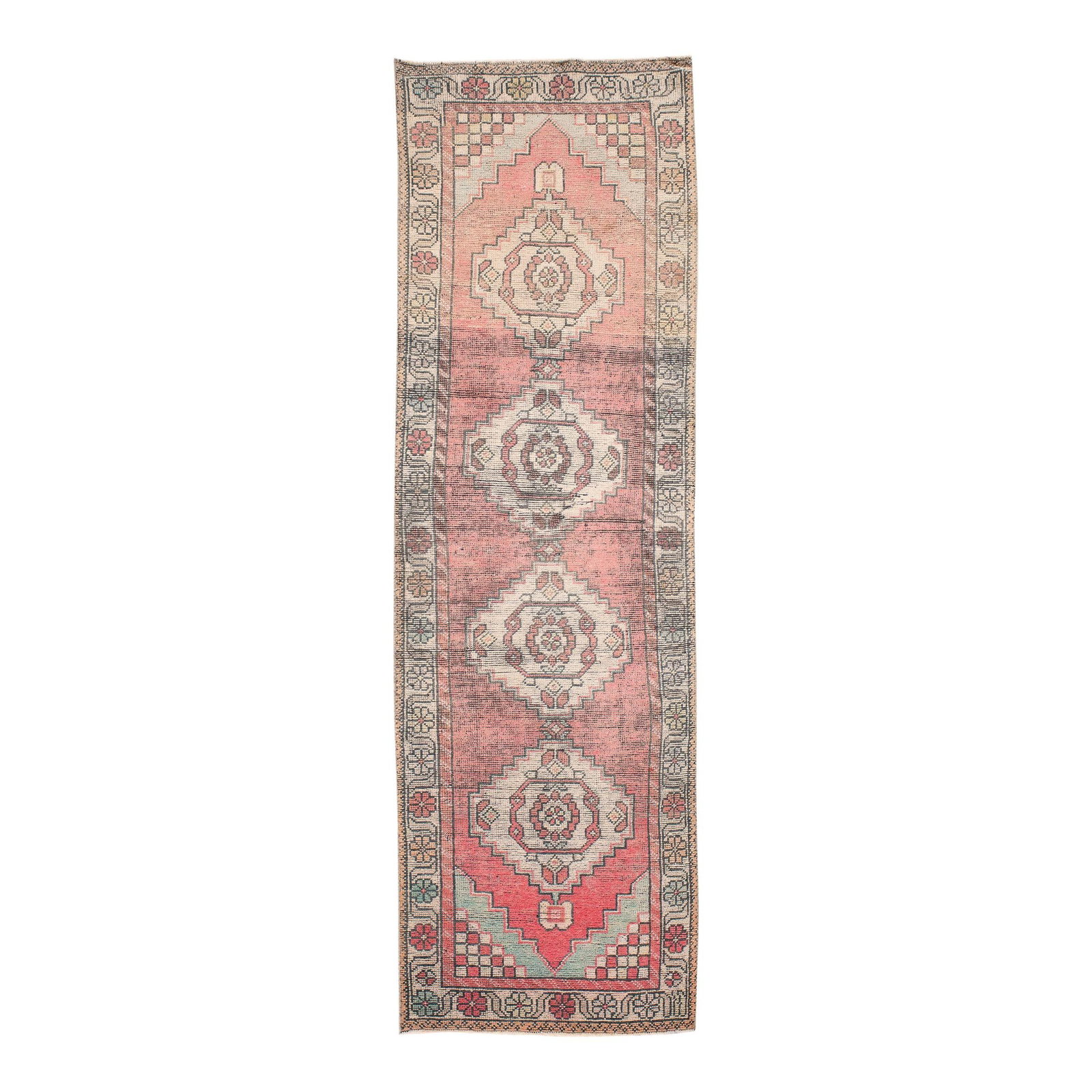 Antique Turkish Hand-Knotted Pink Wool Runner 2'10 x 9'2: Antique Turkish Hand-Knotted Pink Wool Runner 2'10 x 9'2 This exquisite vintage Turkish handmade runner rug showcases a beautiful light pink field adorned with ivory and gray accents. Its intricate al