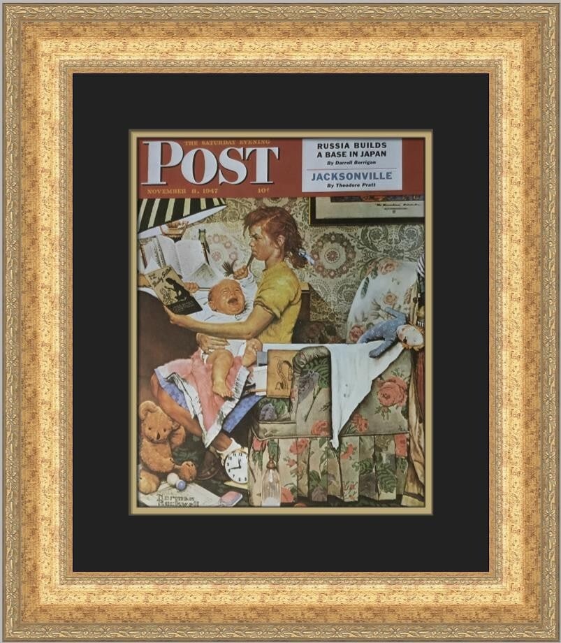 Norman Rockwell The Babysitter Custom Framed Print 21 x 18: Norman Rockwell The Babysitter Custom Framed Print 21 x 18 This stunning custom framed print features Norman Rockwell's iconic artwork titled "The Babysitter". Measuring 21 in. high by 18 in. wide, th
