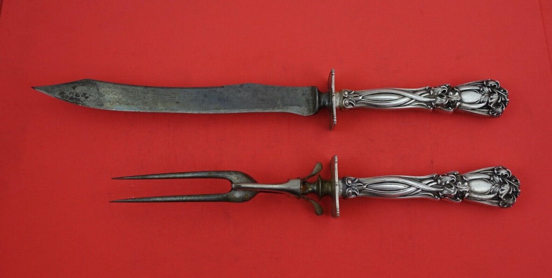 Durgin-Gorham Iris Sterling Silver Roast Carving Set Knife 14.5 Fork 11.875 (1 of 2)