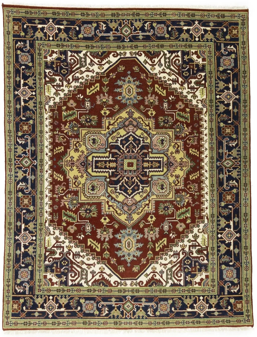 Hand-Knotted Wool Geometric Area Rug Heriz Serapi Design 7'11 x 10'3: Hand-Knotted Wool Geometric Area Rug Heriz Serapi Design 7'11 x 10'3 This vintage style Heriz Serapi oriental rug features a geometric pattern with a harmonious blend of red, dark navy, beige, cream, 