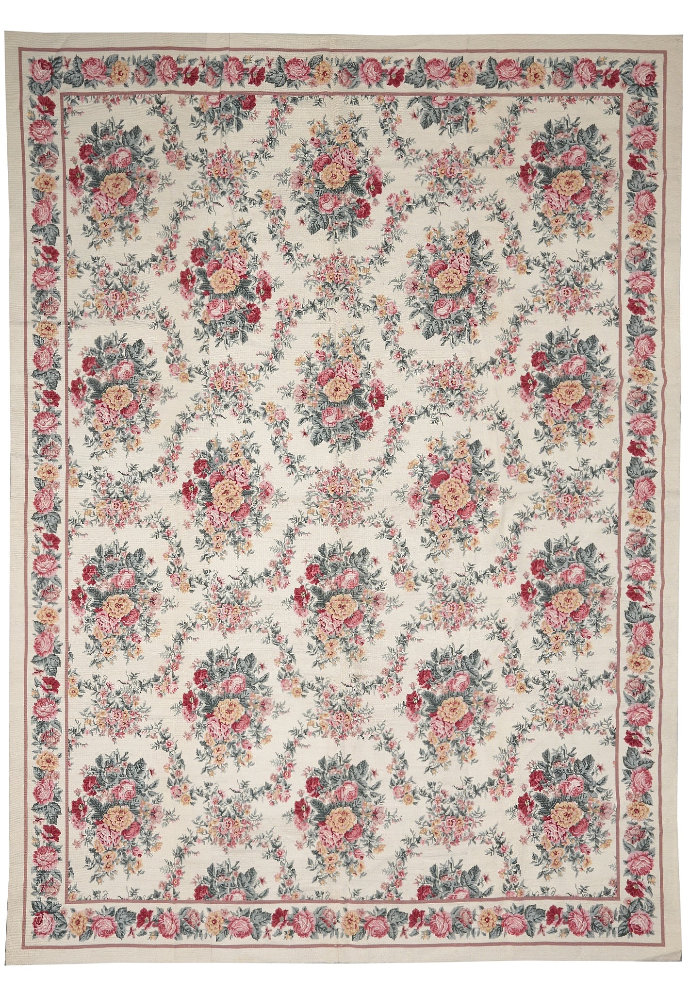 8.8 x 11.7 Needlepoint Tapestry Rug French Floral: 8.8 x 11.7 Needlepoint Tapestry Rug French Floral Free continental US Shipping Handmade large needle point tapestry rug with a French floral design. It features a cream background with a repeating pat