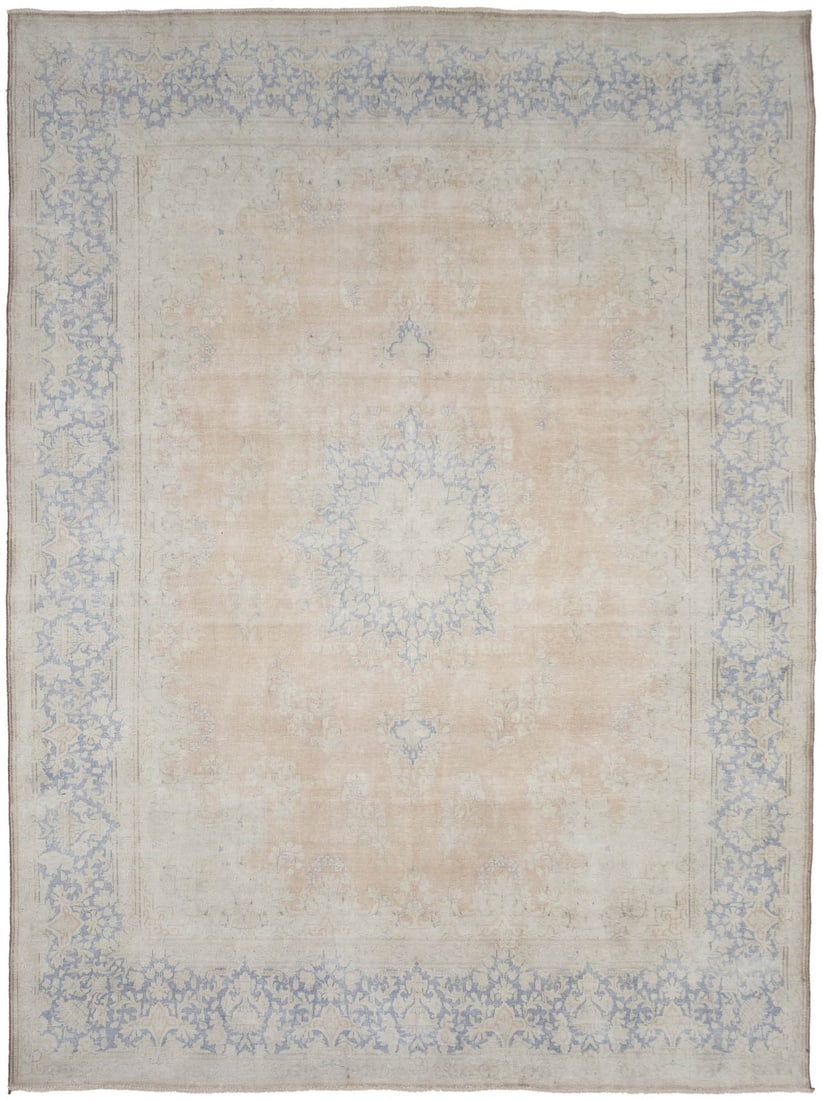 9'5X12'7 Hand-Knotted Wool Oriental Rug Vintage Floral Distressed: 9'5X12'7 Hand-Knotted Wool Oriental Rug Vintage Floral Distressed This antique stone-washed Oriental area rug features a distressed floral vintage design in muted peach, navy, beige, brown, cream, and
