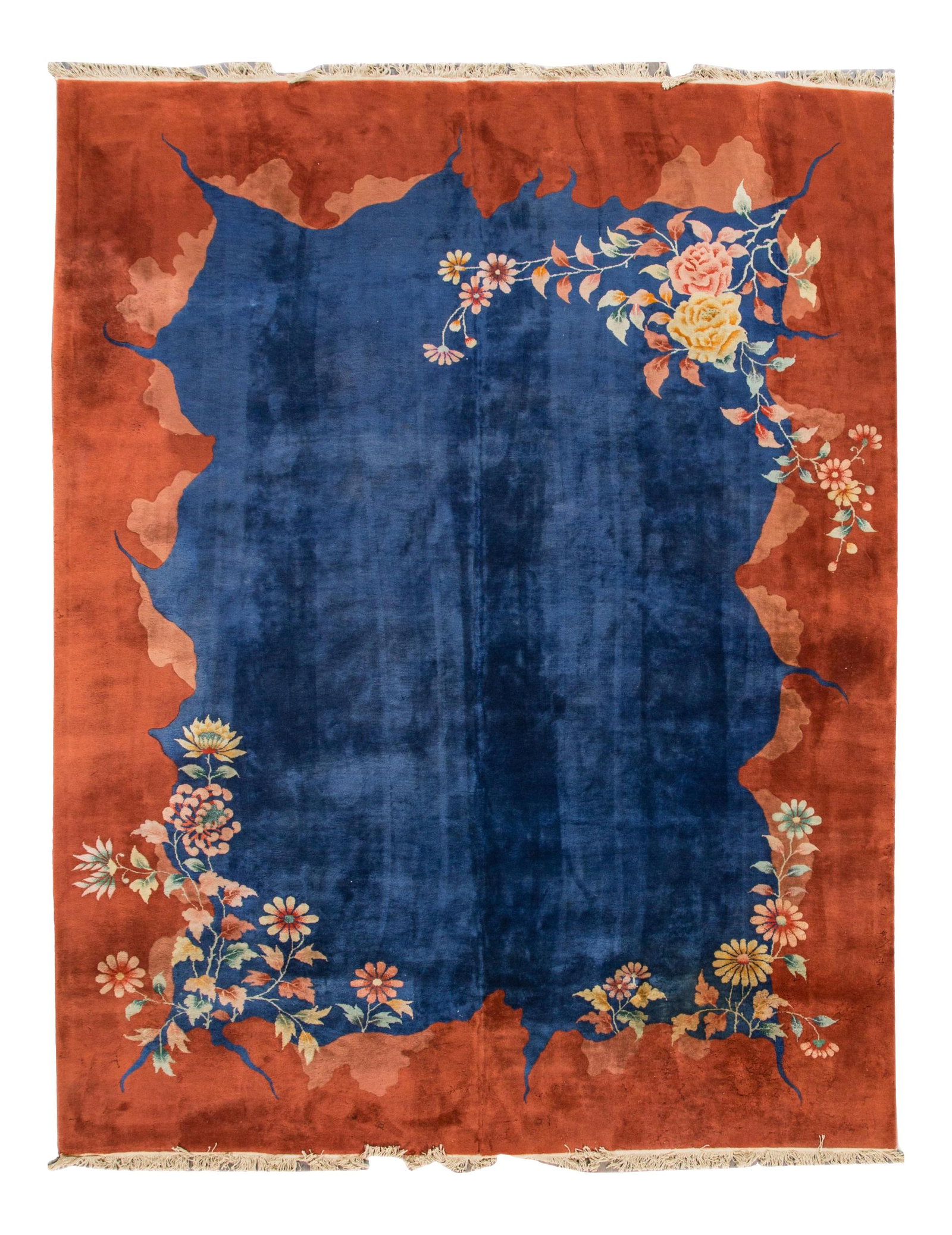 Antique Chinese Peking Hand-Knotted Wool Rug 9' x 11' 5" Blue Floral Design: Antique Chinese Peking Hand-Knotted Wool Rug 9' x 11' 5" Blue Floral Design This exquisite Antique Chinese Peking rug features a hand-knotted wool construction, showcasing a stunning blue field adorne