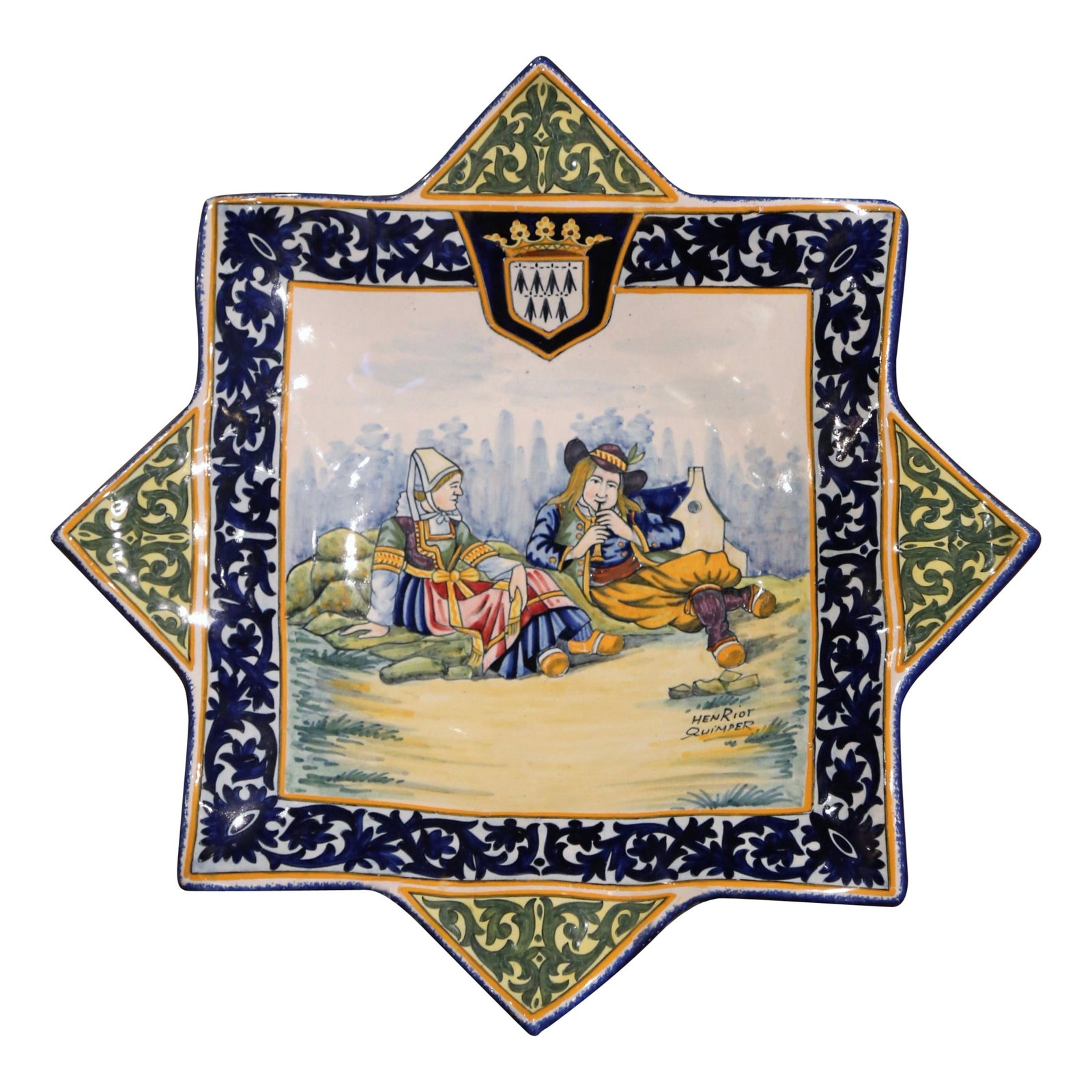 Henriot Quimper Early 20th Century Star-Shaped Faience Wall Platter: Henriot Quimper Early 20th Century Star-Shaped Faience Wall Platter This exquisite early 20th-century French painted faience wall platter, signed Henriot Quimper, is a stunning addition to any home de