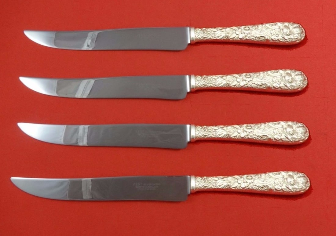 Kirk Sterling Silver Repousse Steak Knife Set 4pc Custom Texas Size: Kirk Sterling Silver Repousse Steak Knife Set 4pc Custom Texas Size Introducing a remarkable 4-piece steak knife set from Kirk, crafted in sterling silver with a hollow handle and stainless blades. Th
