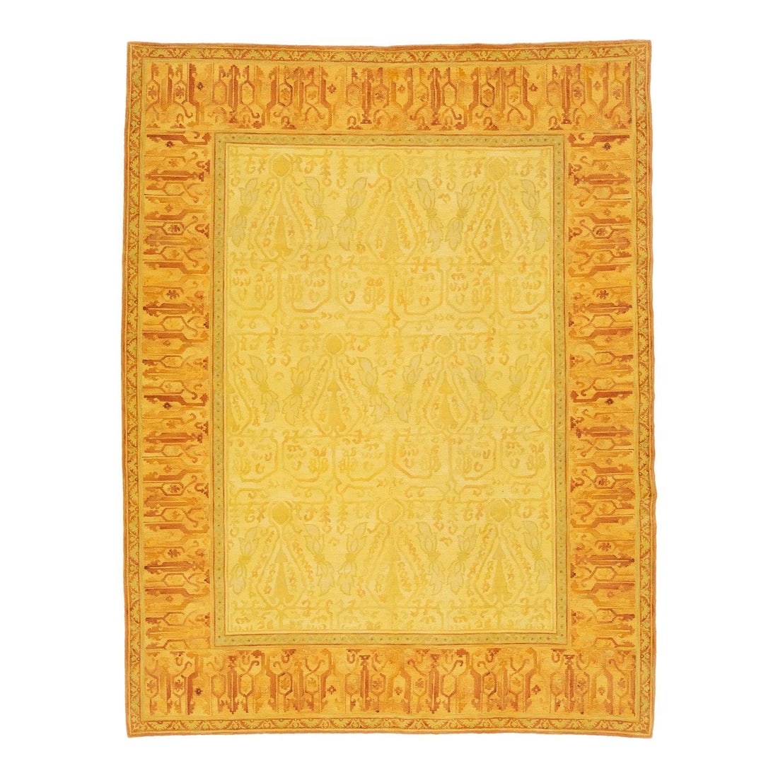 Hand Knotted Tibetan Wool Rug 9'1 x 11'9 Warm Golden: Hand Knotted Tibetan Wool Rug 9'1 x 11'9 Warm Golden This hand-knotted Tibetan rug showcases a warm golden field adorned with stylized floral and geometric motifs, complemented by a rich orange border