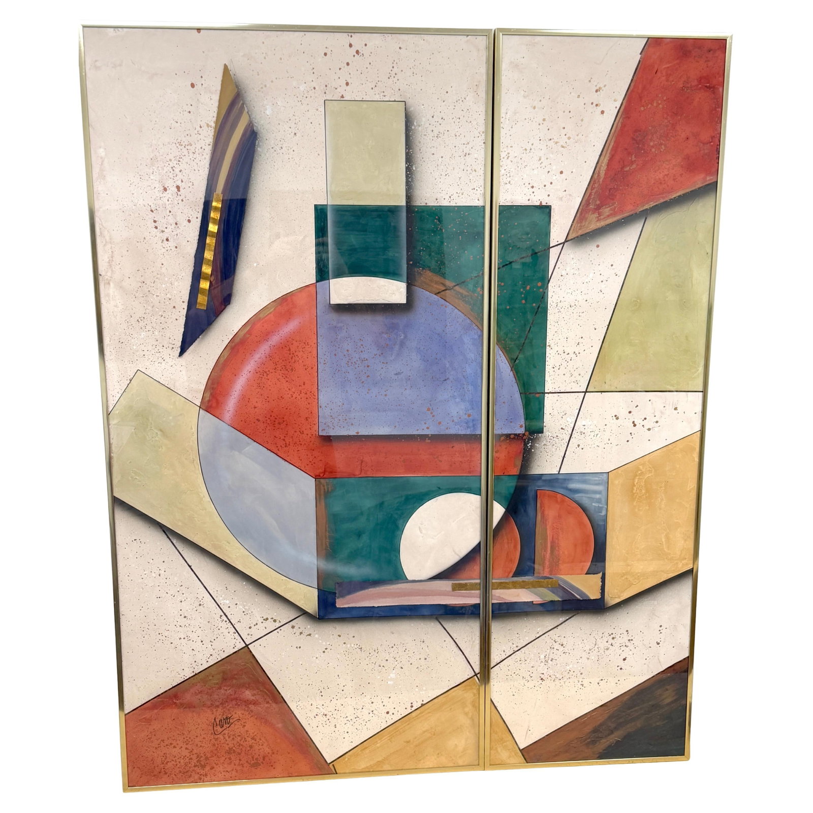Set of Two Postmodern Abstract Mixed Media Panels by George Caso: Set of Two Postmodern Abstract Mixed Media Panels by George Caso This post-modern mixed media diptych by American artist George Caso, created in the 1980s, features layered geometric forms in a harmon
