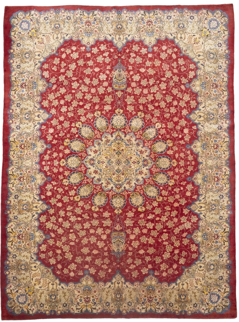 10'6 x 14' Hand-Knotted Wool Vintage Oriental Floral Area Rug Red: 10'6 x 14' Hand-Knotted Wool Vintage Oriental Floral Area Rug Red This semi-antique handmade Oriental rug features a traditional floral pattern in shades of red, cream, light blue, yellow, and brown. 