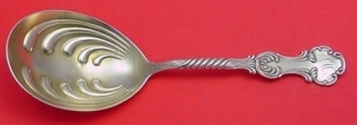 Shiebler Louvre Sterling Silver Gold Wash Berry Spoon 8 3/4" Monogrammed: Shiebler Louvre Sterling Silver Gold Wash Berry Spoon 8 3/4" Monogrammed This exquisite serving spoon features the elegant Louvre pattern by Shiebler, crafted from high-quality sterling silver with a 