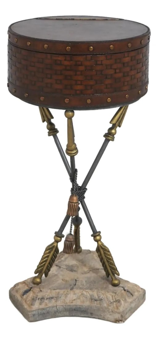 Leather Wrapped Drum Box with Faux Marble Stand and Woven Detailing (1 of 10)
