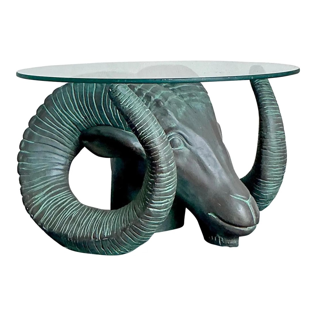 Patinated Cast Resin Ram Head Accent Table With Glass Top: Patinated Cast Resin Ram Head Accent Table With Glass Top This vintage accent table features a sculptural base crafted from heavy cast resin in the form of a ram's head, complete with detailed, spiral