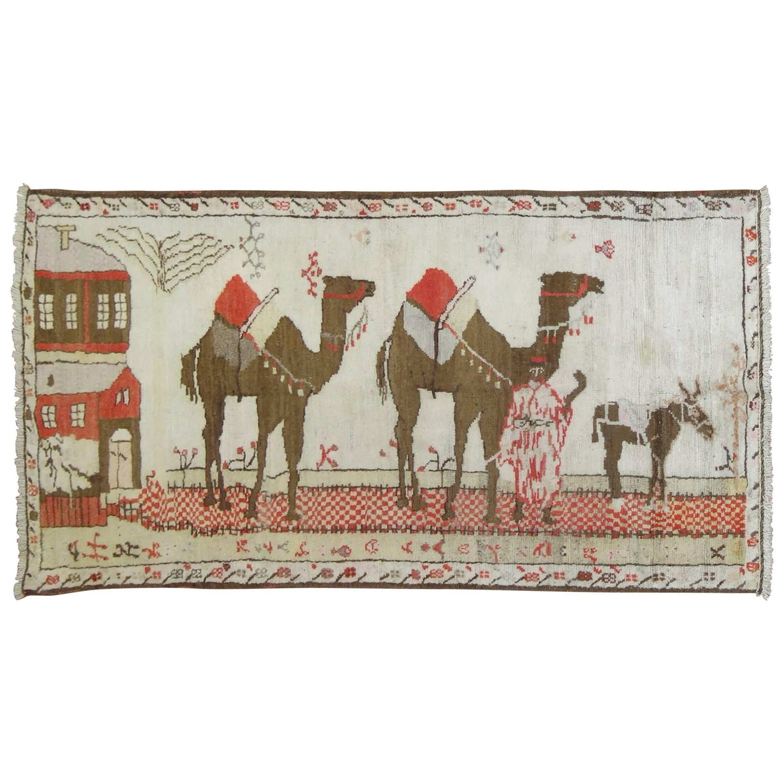 Mid Century Turkish Wool Pictorial Camel Rug: Mid Century Turkish Wool Pictorial Camel Rug Discover the beauty of this vintage Turkish pictorial rug, a stunning addition to any space. Hand-woven from high-quality wool, this folk art piece feature